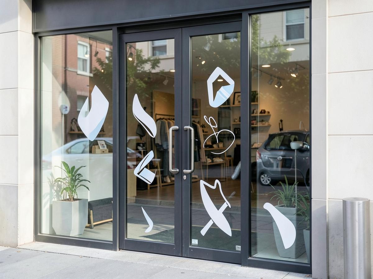 Shop front glass door with custom branding stickers applied