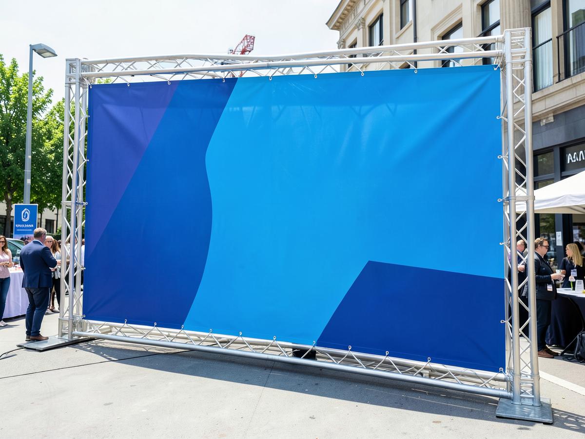 Large printed banner on a metal frame at a business event