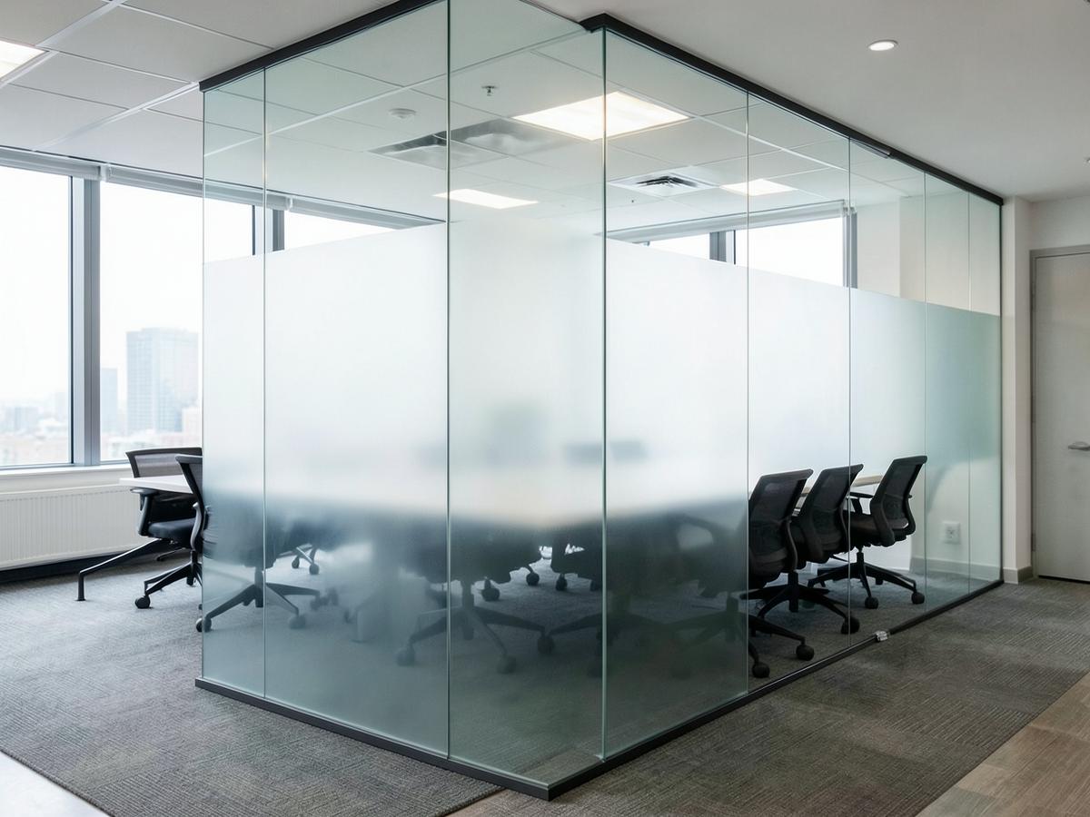 Office glass partition finished with frosted film for privacy