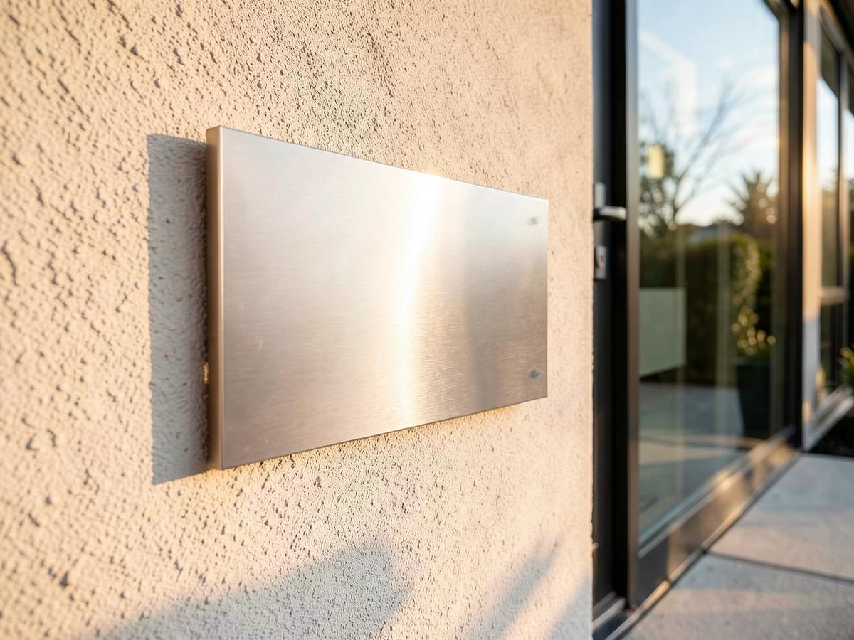 Premium brushed metal name plate mounted beside a modern home entrance