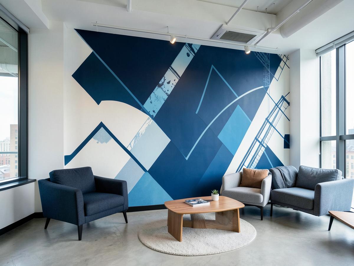 Modern office lounge with a large printed wall graphic in blue tones