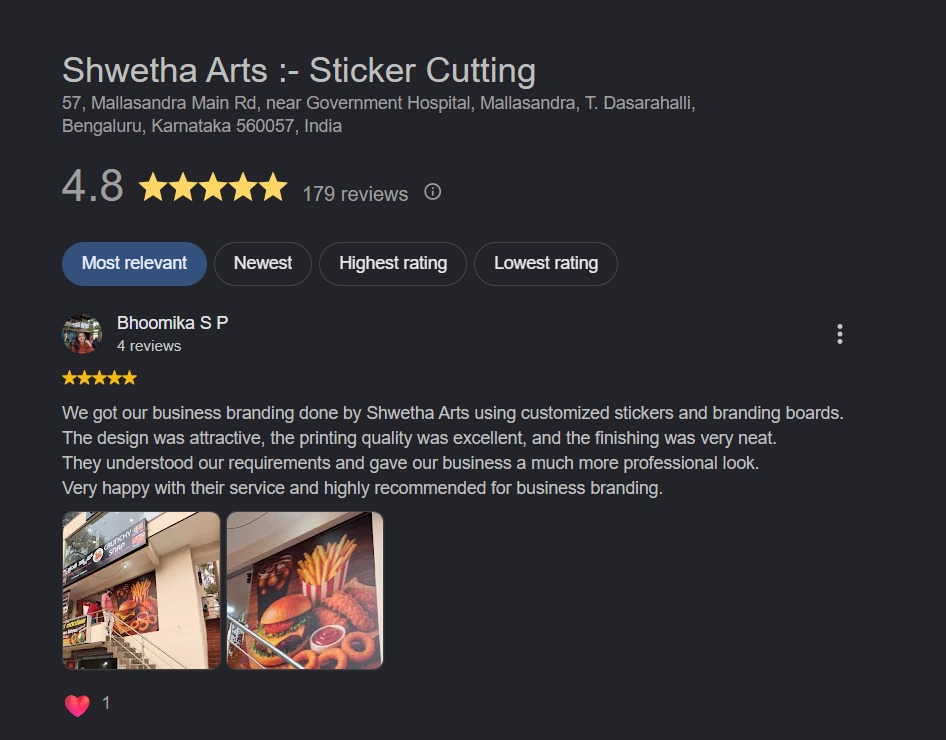Customer Google review screenshot for SHWETHA ARTS